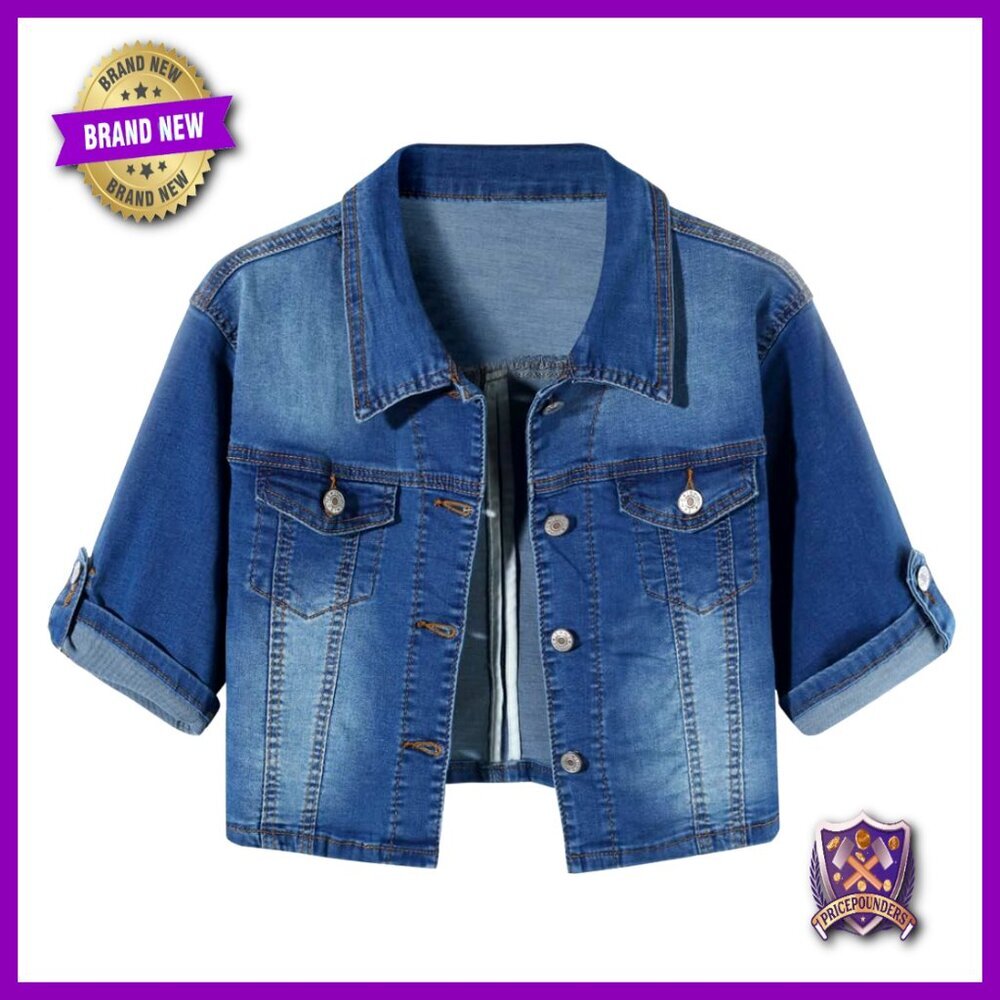 Short Sleeve Denim Jacket Button Down Shawl Collar Stretch Classic Y2K